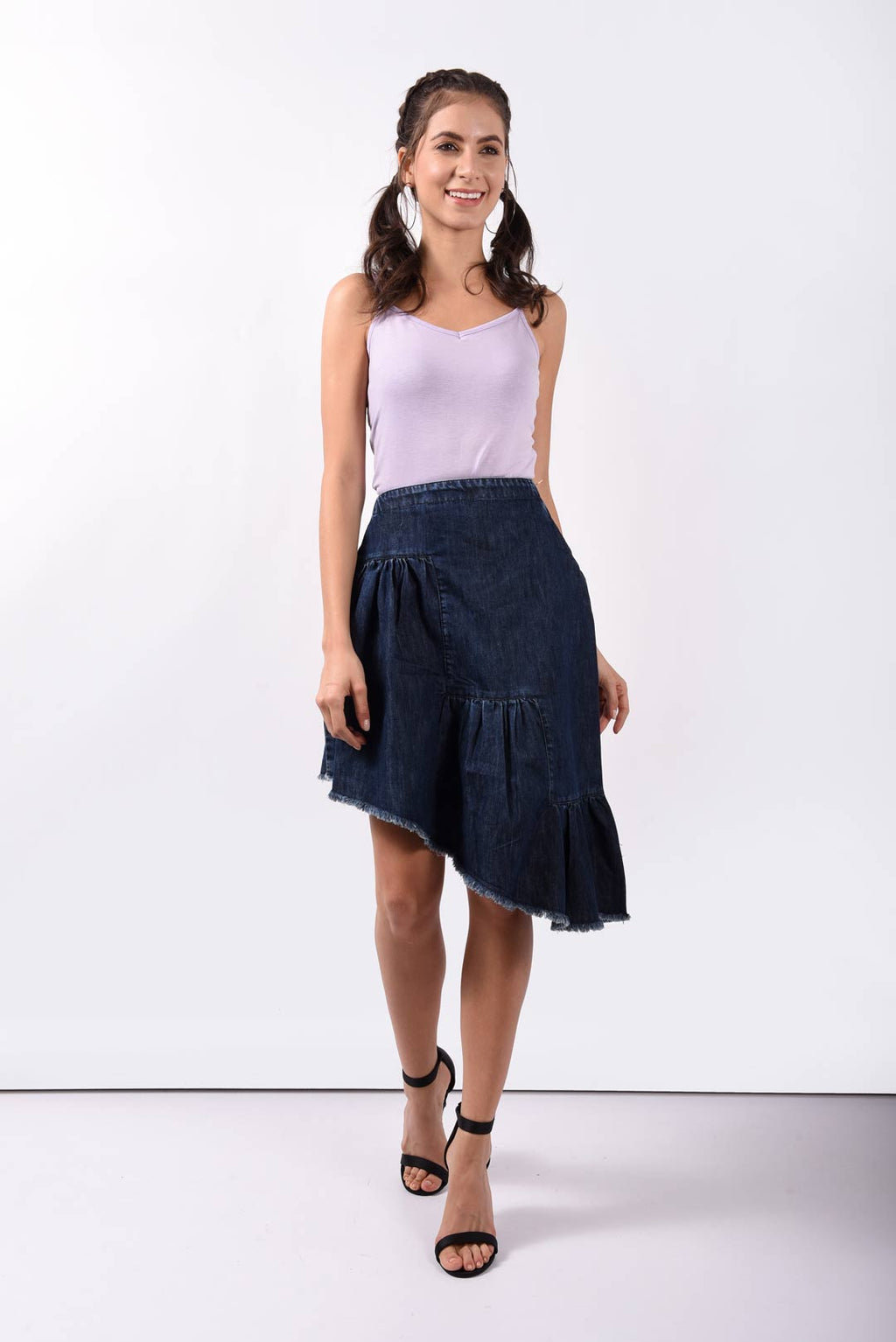 Pleated Asymmetrical Denim Skirt