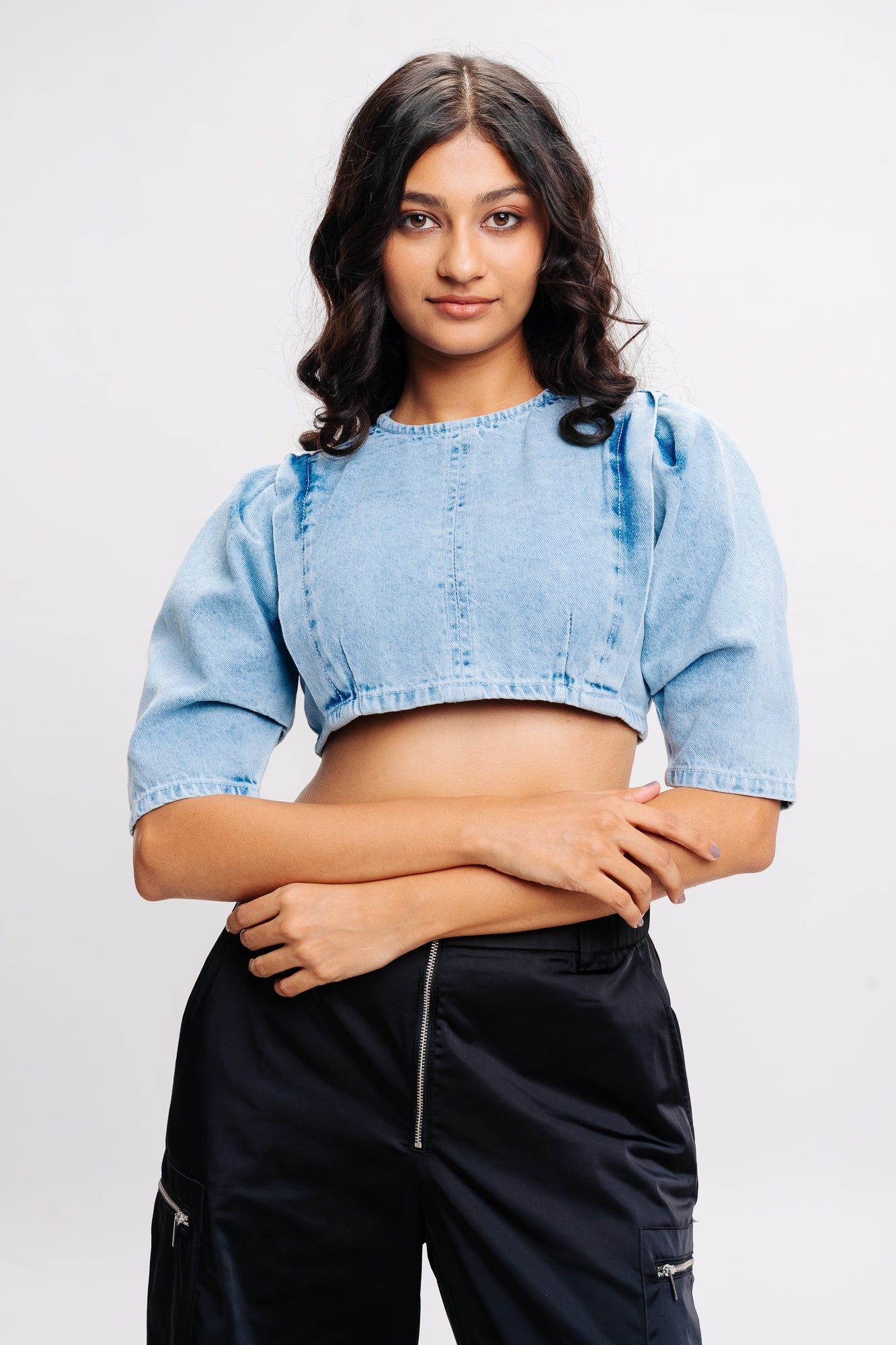 Drama Sleeves Indigo Denim Top