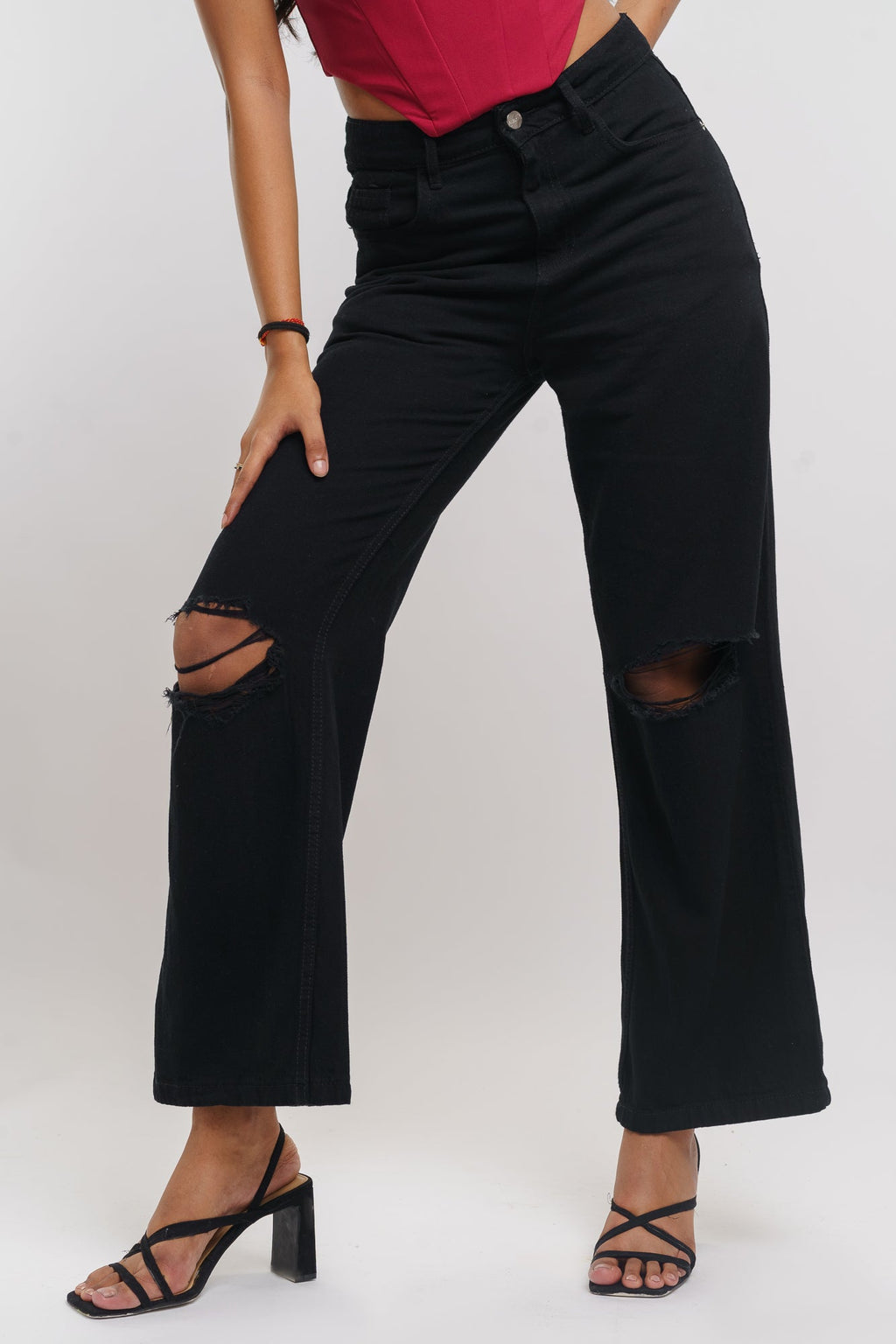 Black Distressed Women's Wide Jeans