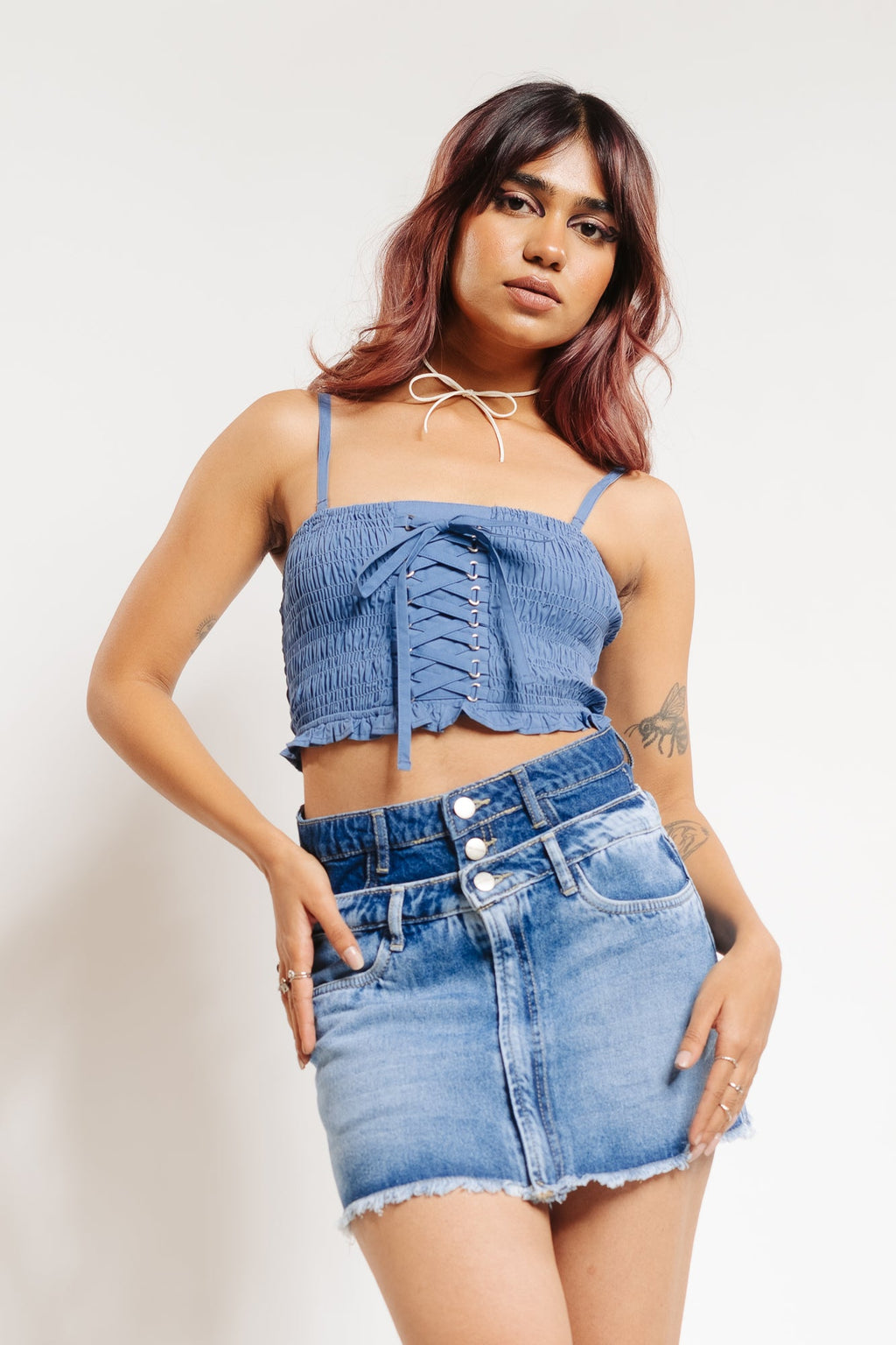 Denim Strap Criss Cross Blouse