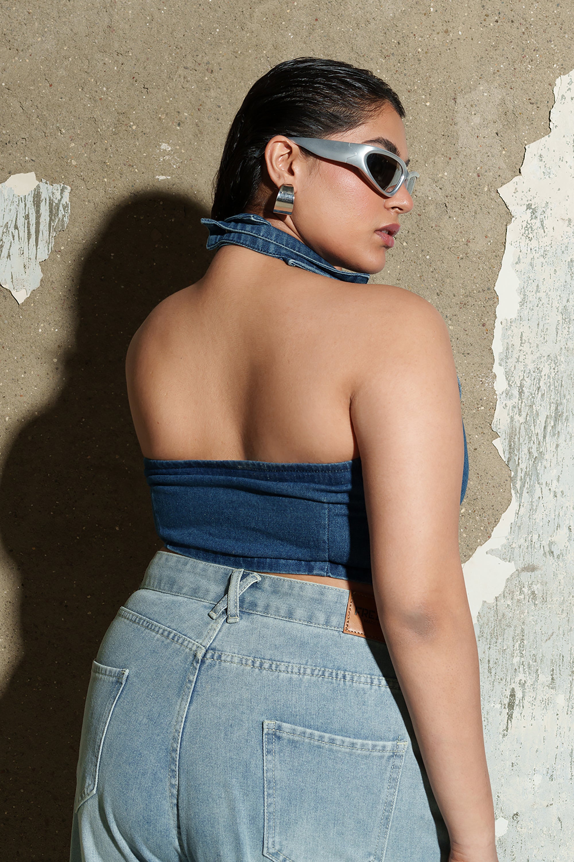 Curve Blue Cropped Denim Halter Top