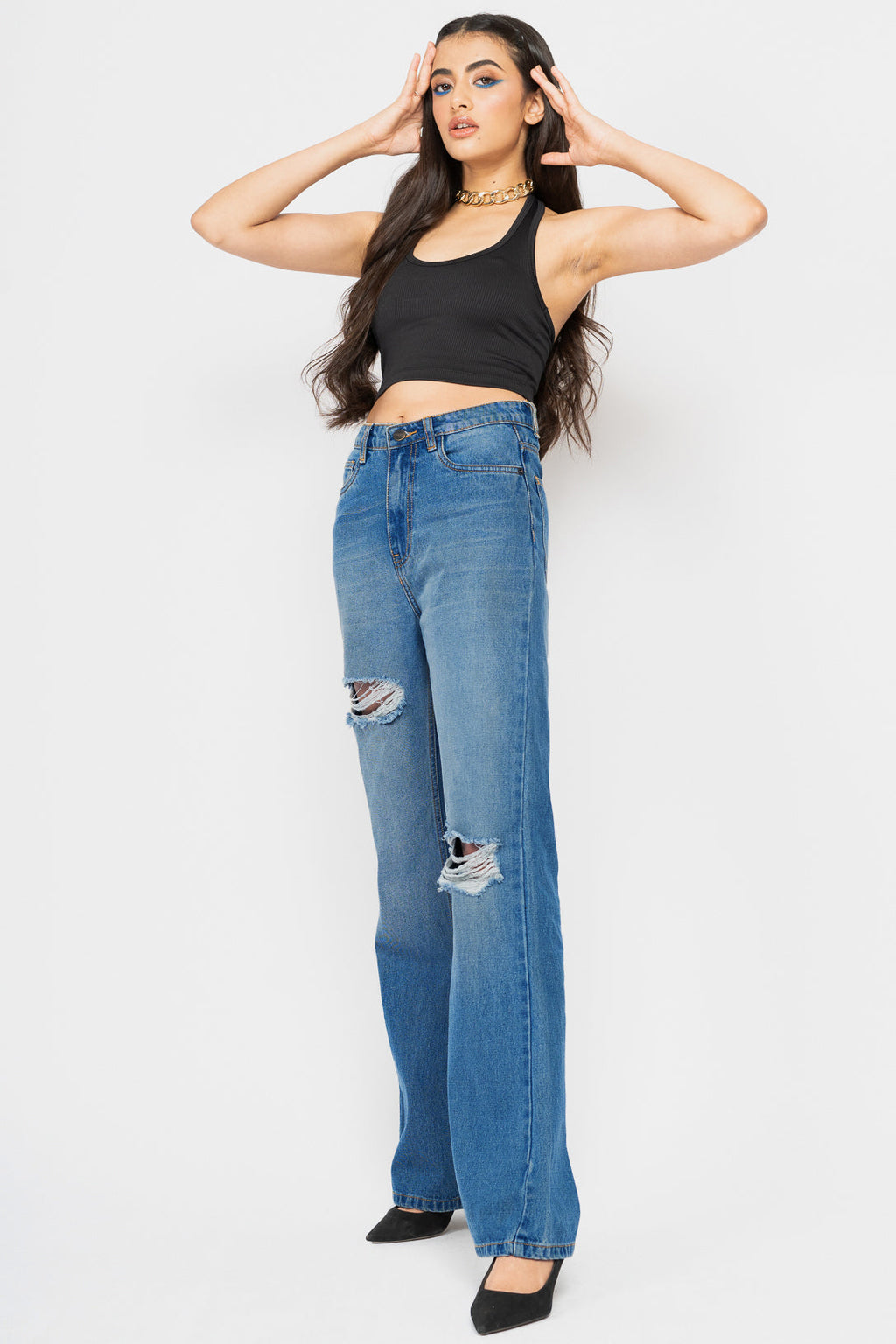 Mid Blue Distress Women's Bootcut Jeans