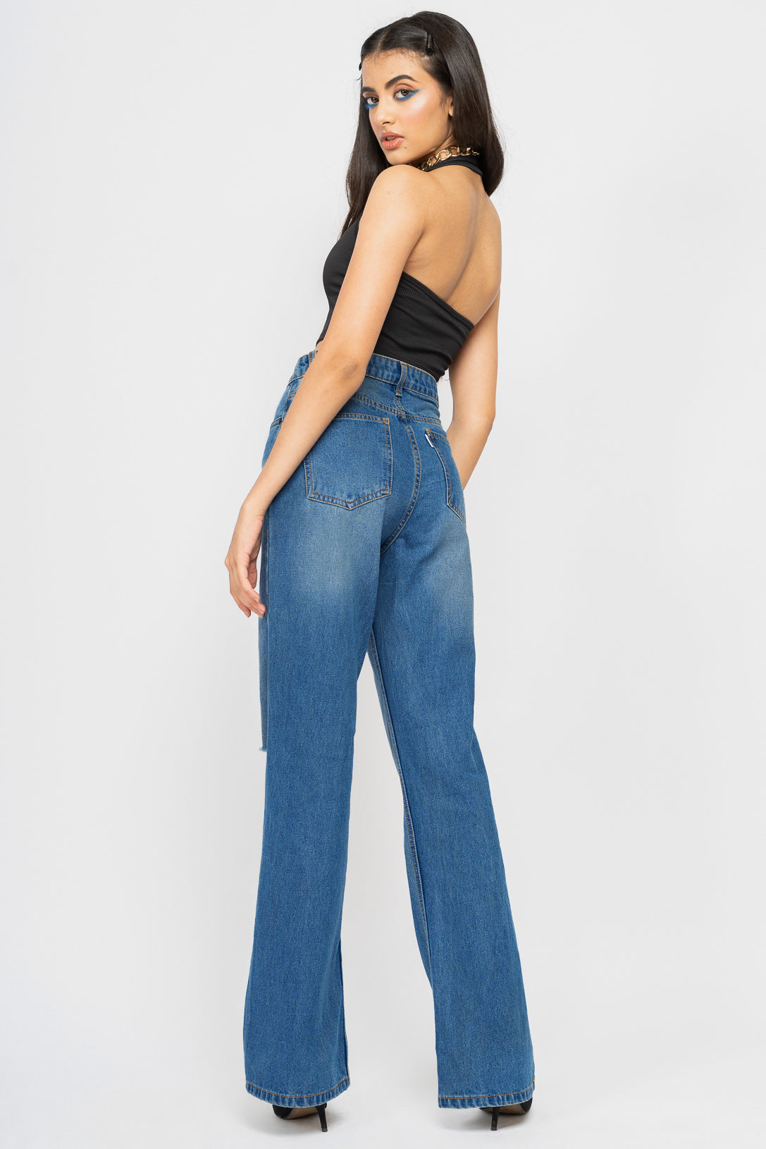 Mid Blue Distress Women's Bootcut Jeans