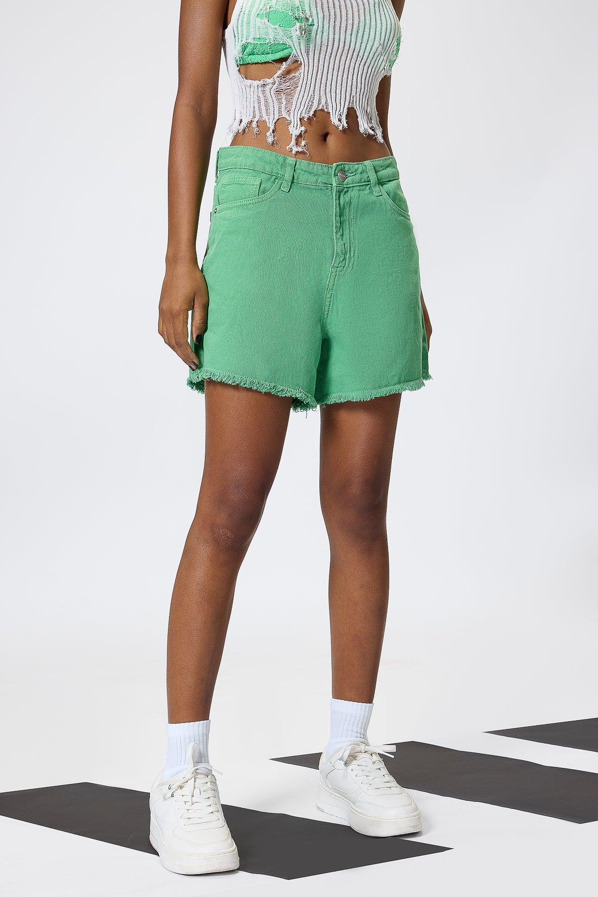Frayed Hem Green Shorts