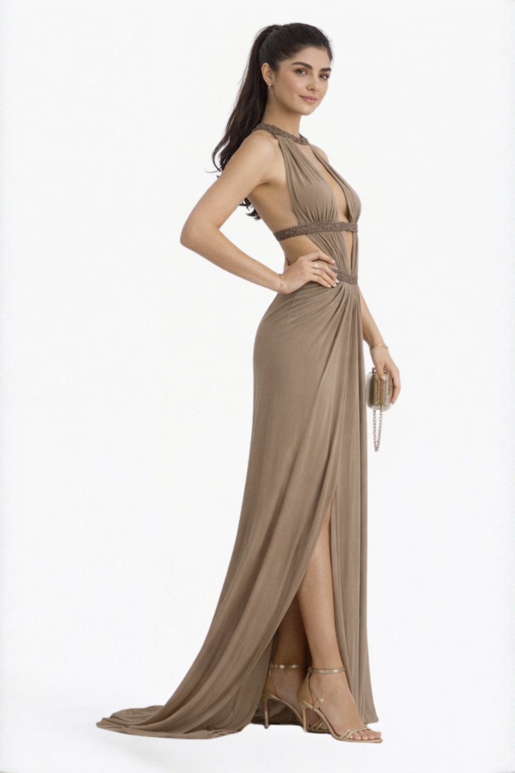 Taupe Solid Multi-Strap Cut-Out Maxi Dress