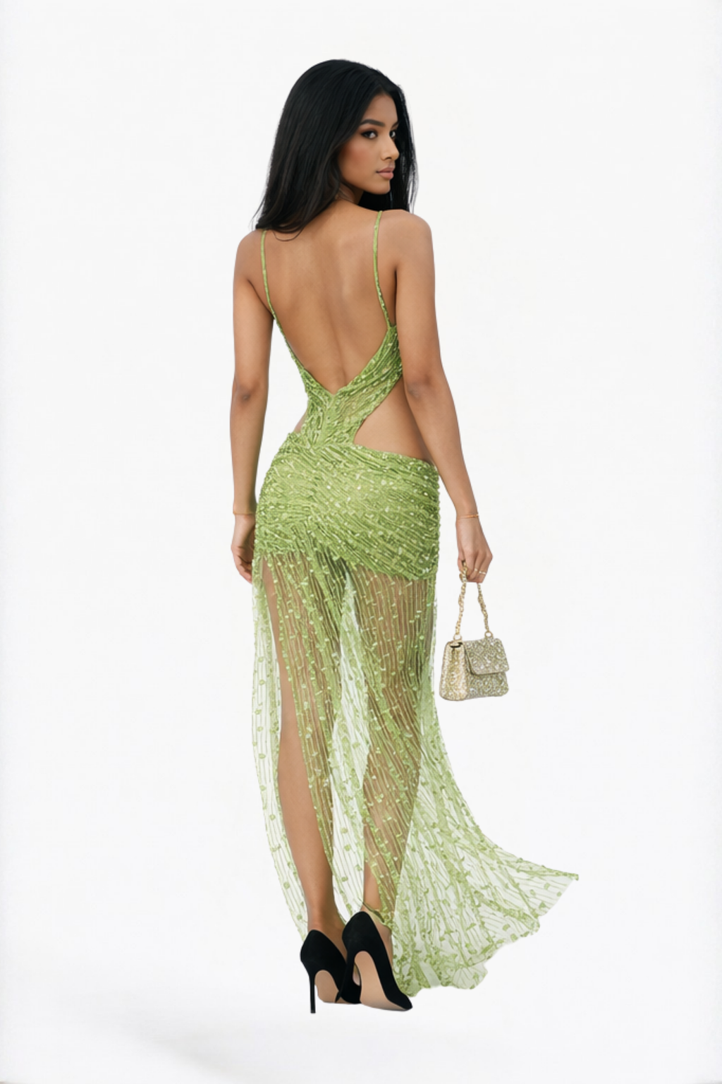 Green Embellished Cut-Out High Slit Maxi Dress