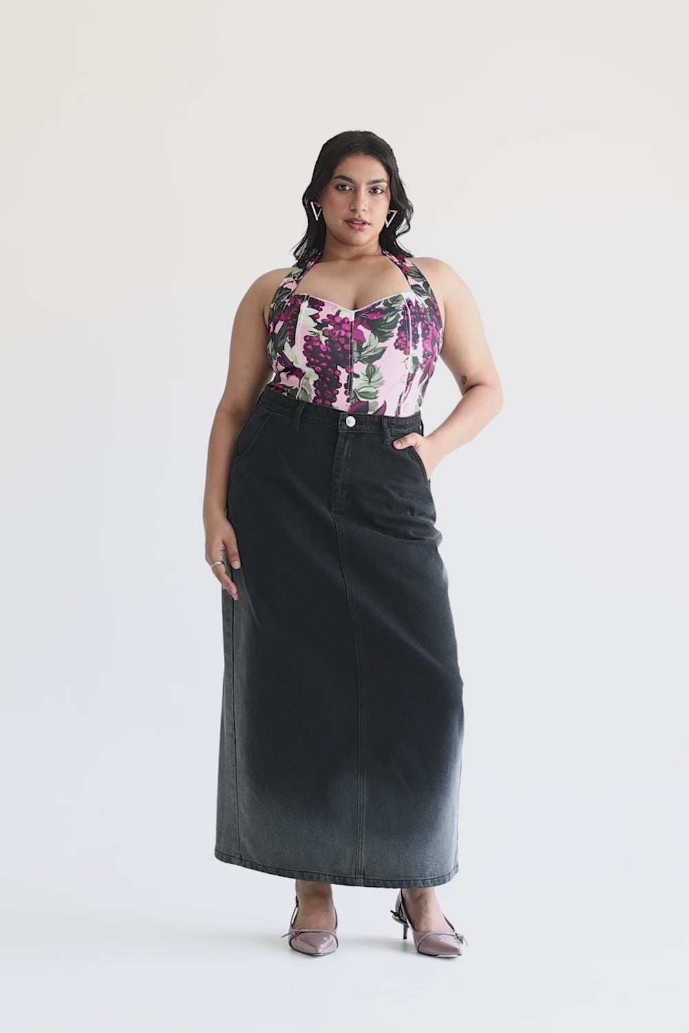 Dark Eclipse Curve Long Straight Denim Skirt