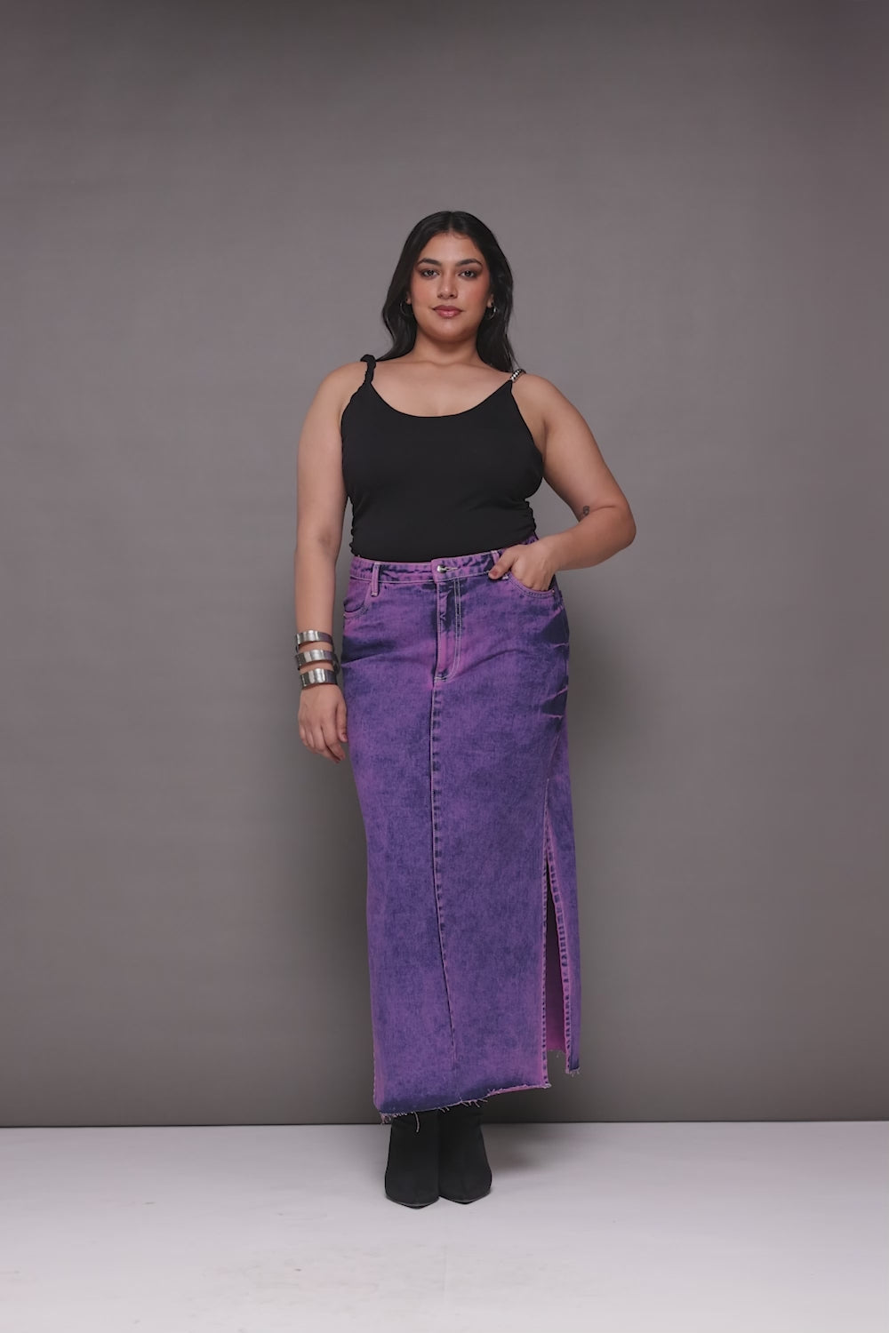 Purple Glam Curve Denim Side Slit Maxi Skirt