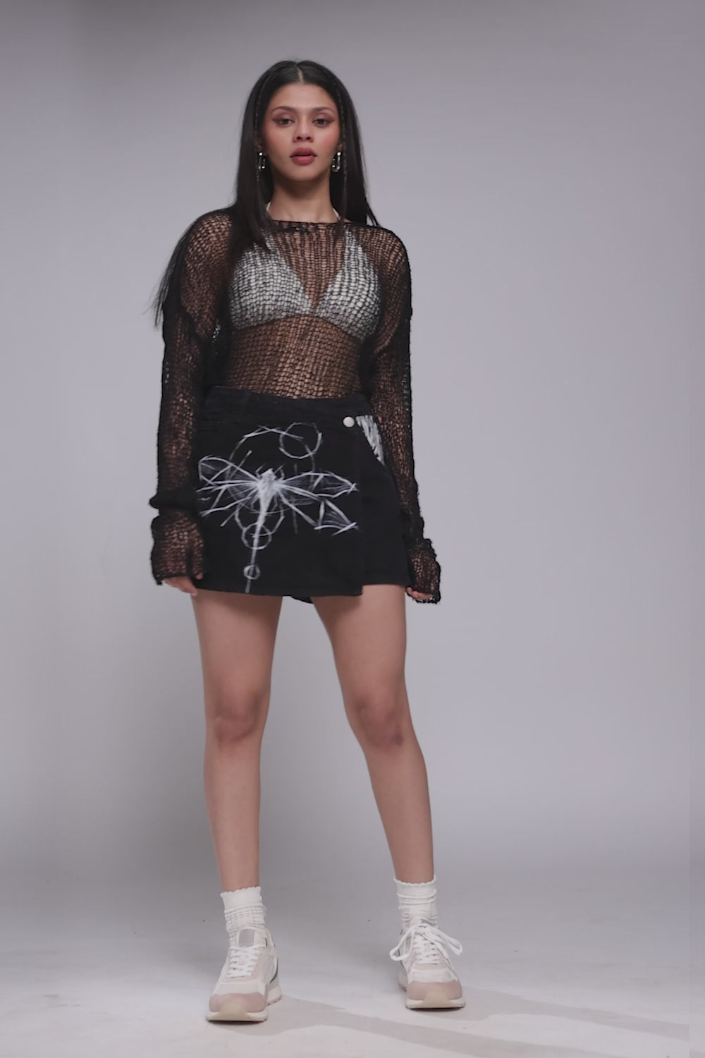 Contemporary Hand Painted Charcoal Denim Skort