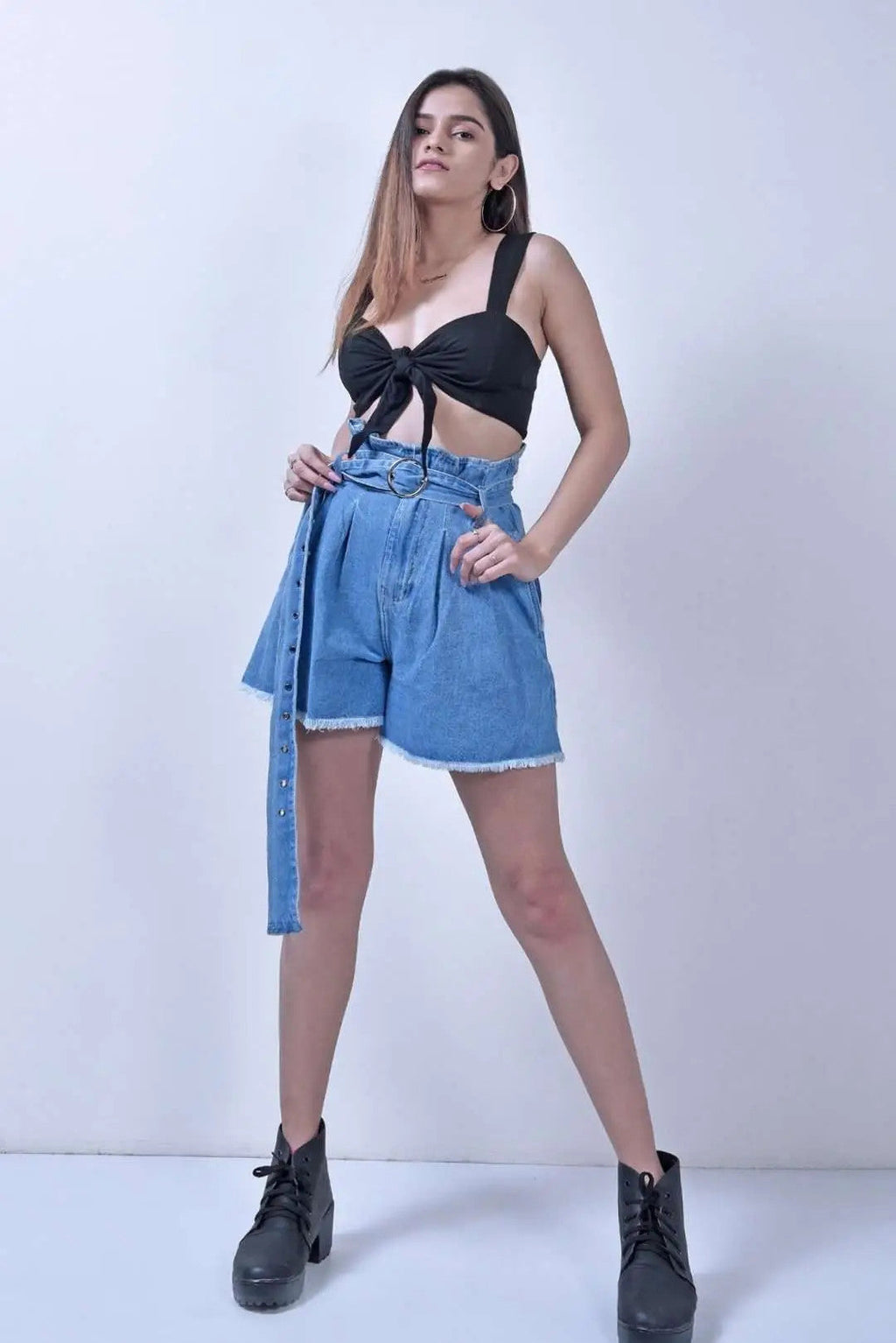 Stm High Waist Paper Bag Denim Pleated Shorts