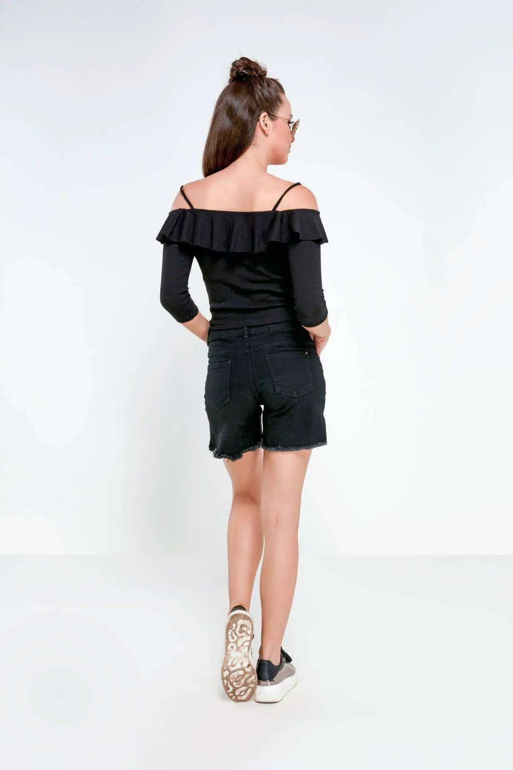 Black Mid Rise Floral Embroidered Denim Shorts