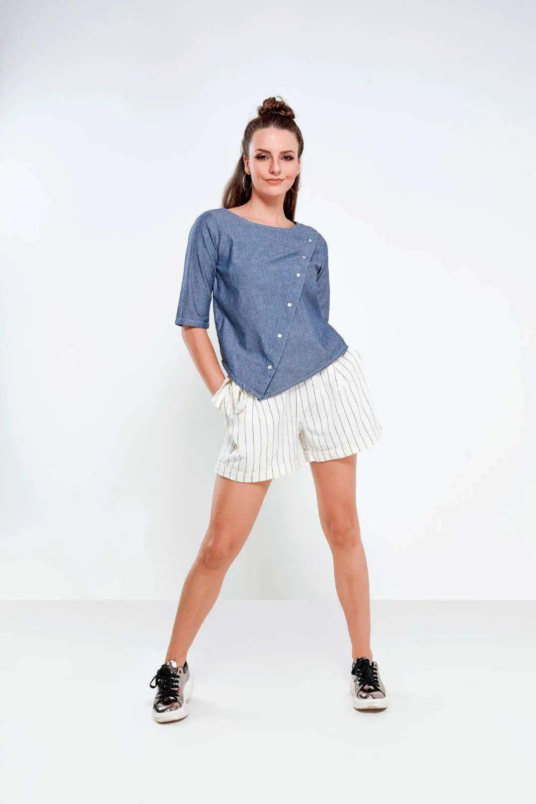 Grey Cross Placket Denim Top