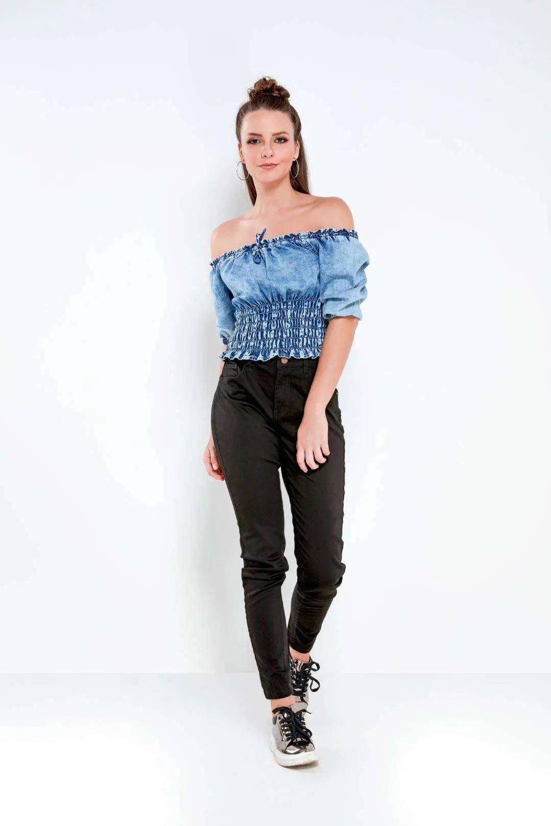 Light Blue Off Shoulder Elasticated Denim Top